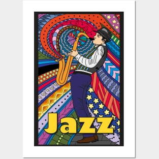 Jazz - musiker, saxophonist im schwarzen hut. Posters and Art